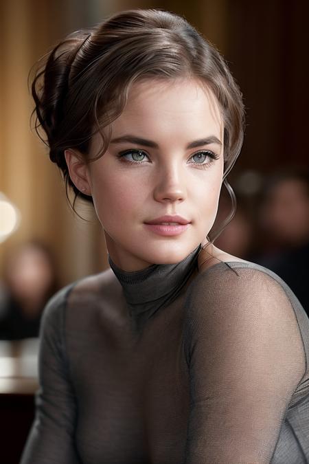 photo of extremely sexy (emb_mcgoverneli:0.99), a woman as a sexy student, closeup portrait upsweep updo, (French Gray tight long sleeve turtleneck top), at a cantina sitting bar (masterpiece:1.5) (photorealistic:1.1) (bokeh) (best quality) (detailed skin texture pores hairs:1.1) (intricate) (8k) (HDR) (wallpaper) (cinematic lighting) (sharp focus), (eyeliner)