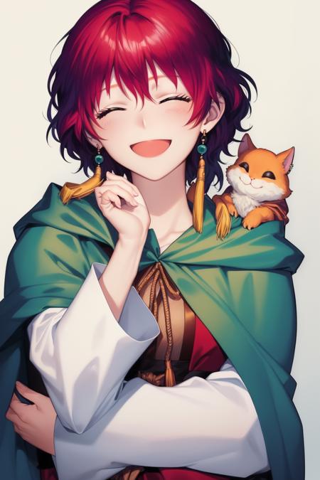 (art by morry), (highres), Manga, ((masterpiece, best quality:1.3), <lora:YONA1:0.75>,traditional media, yona1, solo, upper body, neck ribbon, hooded cloak, hand on own chin, giggling, arm under breasts, tassel earrings, animal on shoulder, looking down, closed eyes, open mouth, 2d