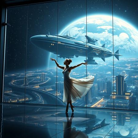 a beautiful elegant female dancer is dancing on a futuristic stage micro-LED lighted, behind the dancer on the stage is an enormous seamless and futuristic wall to wall and floor to ceiling window that looks out at a planet from low orbit, the planet is covered with the lights of enormous buildings and cities, An enormous deco starship with futuristic lighting and an enormous space station are visible in the background among the stars, Artistic art deco, dynamic perspective, (((overall architectural aesthetic is Art Deco Cyberpunk))).  Epic image that elicits a feeling of wonder and awe,