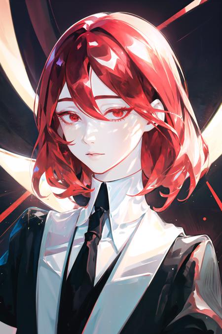 masterpiece, best quality, (realistic photo:1.2), detailed illustration, detailed face and eyes, ultra-detailed, illustration, androgynous, red hair, solo, 1other, gem uniform (houseki no kuni), necktie, red eyes, short hair, hair between eyes, black background, sparkle, black necktie, simple background, upper body, formal, crystal hair <lora:gem:1>