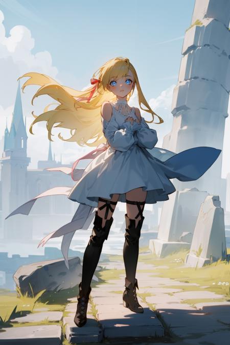 masterpiece, best quality, ryne, blonde hair, hair ribbon, white dress, thigh boots, standing, glowing blue eyes, looking at viewer, wide shot, white sky, stone floor <lora:ryne-nvwls-v2-000012:0.9>