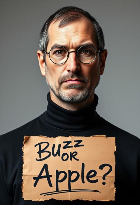 A highly detailed mugshot of a man resembling Steve Jobs, shown from the shoulders up. The man has a sad, contemplative expression with slightly downturned eyes and a subtle frown. The lighting is well-done, illuminating his face clearly without harsh shadows. The background is plain, and he is holding a piece of cardboard in front of him. The cardboard is weathered with a rough texture, edges slightly torn, and it has bold, stylish lettering that reads 'Buzz or Apple?' in a mix of futuristic and handwritten fonts. The sign has a few doodles and small symbols around the text, making it look unique and cool. The image should be realistic, capturing a somber mood with attention to the texture of his skin, his iconic round glasses, and the simplicity of his black turtleneck shirt