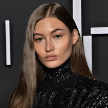 Photo of a woman with shiny long hair on the red carpet wearing a turtleneck sweater, glossy lips, Nikon Z9, realistic matte skin, skin texture visible, (sharp focus), (high quality)