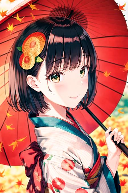 1girl, solo, hair ornament, kimono, japanese clothes, flower, umbrella, hair flower, smile, holding, looking at viewer, short hair, blush, upper body, holding umbrella, sash, obi, bangs, closed mouth, floral print, autumn leaves, blurry, oil-paper umbrella, outdoors, leaf, long sleeves, black hair, white kimono, from side, depth of field, green eyes, pink flower, maple leaf, wide sleeves, striped