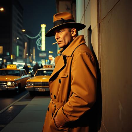 Detective, long trench coat, 1960 comic book era Dick Tracy Detective, leaning back against wall, position is side of image, smoking, shadow from brim of his hat covering his eyes as he surveys the street, nightlife continues around him. Taxi cubs, pedestrians, concrete sidewalk, high contrast realism.