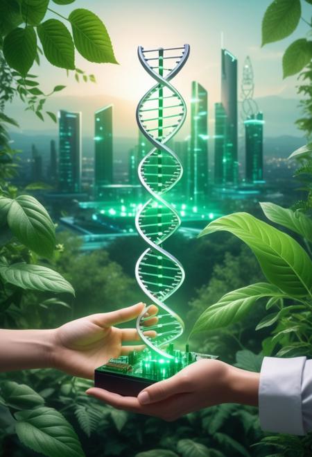 A symbolic representation of bioethics, 
featuring a balance between nature and technology. On one side, 
a human hand holds a DNA strand surrounded by green leaves and plants, 
symbolizing life, 
growth, 
and nature. On the other side, 
a robotic hand holds a circuit board with glowing lines, 
representing technology, 
artificial intelligence, 
and scientific advancement. Between the hands, 
a scale balances the ethical dilemmas of science and nature. In the background, 
a peaceful landscape merges with futuristic cityscape, 
illustrating the harmony and conflict between these two realms, 
incorporate animals, 
Broken Glass effect, 
no background, 
stunning, 
something that even doesn't exist, 
mythical being, 
energy, 
molecular, 
textures, 
iridescent and luminescent scales, 
breathtaking beauty, 
pure perfection, 
divine presence, 
unforgettable, 
impressive, 
breathtaking beauty, 
Volumetric light, 
auras, 
rays, 
vivid colors reflects
