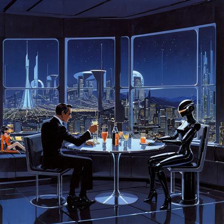 Illustration, 1man, man in a black suit having a drink, sitting at a table, 1girl, humanoid robot, sitting at table, large window in background, sci-fi city at night, sketch, sleek lines, dynamic form, futuristic, high-tech, concept art by syd mead, retro futuristic, OverallDetailXL
