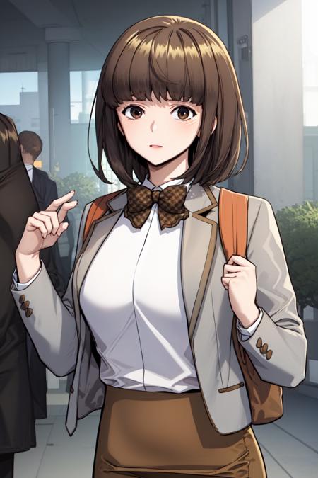 masterpiece, best quality, absurdres, perfect anatomy, beautiful background, beautiful face, beautiful eyes, beautiful body, upper body, yu dayun, 1girl, short hair, skirt, brown hair, shirt, long sleeves, bow, brown eyes, school uniform, jacket, white shirt, collared shirt, blunt bangs, bowtie, bag, blazer, backpack, pencil skirt, brown skirt, plaid bow, brown bowtie  <lora:Yu_Dayun:0.85>