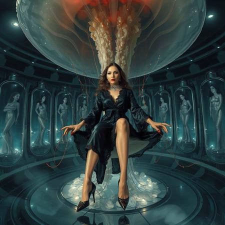 tall slender elegant slavic lady , sits at giant inverted transtparent jellyfish   on mirror disk bed,  entangled in its tentacles, dressed in vintage long lace trim black satin dressing robe , spreading wide her pefect legs in high heels, surrounded by cocoons with encased beauties at background, sci-fi, scifi, mind control, silver slave collar, brainwash machine, breeding chamber, steel, foil, fog, hypno, romance, poison, lipstick, long hair, heavy makeup, 1950s hairstyle, red nails, long hair, green eyes, sharp cheekbones, ultra thin waist , mysterious, alien spaceship, space, radiating, laser, dramatic lighting, epic hollywood movie still, sharp focus, emitting diodes, smoke, artillery, sparks, racks, system unit, motherboard, by pascal blanche rutkowski repin artstation hyperrealism painting concept art of detailed character design matte painting, 4 k resolution blade runner