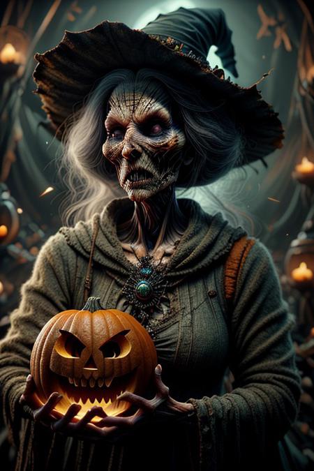 an evil witch carrying a pumpkin around town on Halloween, she has orange glowing eyes, dark night, HalloweenGlowStyle, ral-wtchz, CyberRealistic_Negative, ral-wtchz