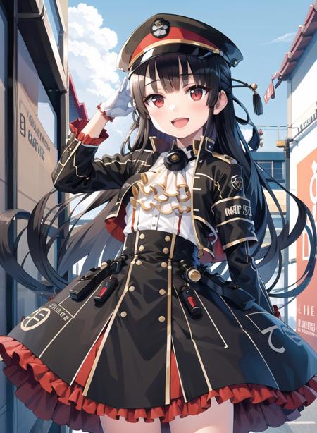 1girl,masterclass,best quality, illustration, outdoor,cowboy_shot, 8620Default, armband, black_headwear, black_skirt, cropped_jacket,   hair_rings, half_updo,long_sleeves,black_jacket,  high-waist_skirt,    peaked_cap,    suspender_skirt,  white_ascot,  white_gloves, open_jacket,  <lora:8620_D8_V2_e6>