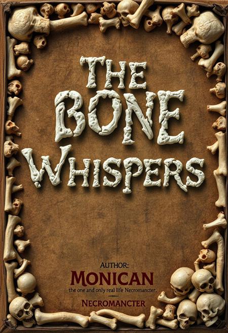 Create a very well rendered and extremely detailed horror novel book cover called ("The Bone Whispers") written with letters made from pieces of human bones, the cover is breathtaking and unique, the background has the texture of dried and preserved human skin and the borders of the book cover are made with piles of bones and skulls, at the bottom of the book cover the name of the author ("Monican: the one and only real life Necromancer") signed in blood in a small font, marvelously horrifying book cover, eerie, dark, foreboding, the edges of the book cover show signs of wear and tear despite being new.
