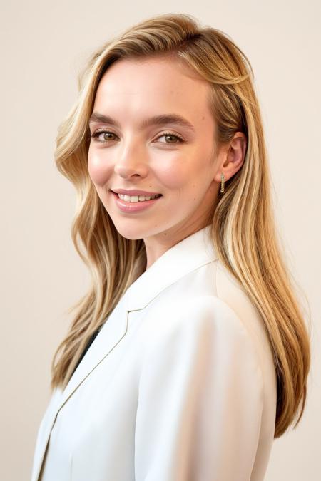 jodcor, woman, white background, blonde hair, long hair, smile, make-up, formal,
 <lora:JodieComer-jodcor_SD_v1b:0.8>