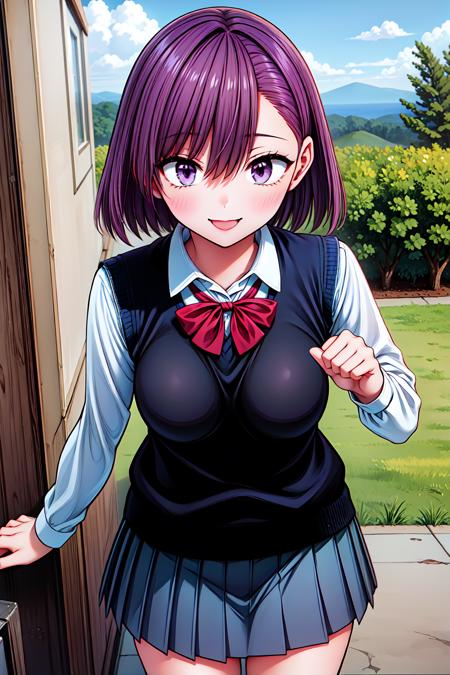 1girl, cowboy shot, outdoors, smile, 
nitengojigen_ririsa, purple eyes, purple hair, short hair, bangs, sweater vest, pleated skirt, <lora:Nitengojigen_ririsa_lora_ver1:0.7>, best quality, masterpiece, highres, <lora:GoodHands-vanilla:1>