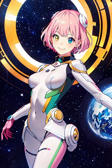 aries_spring pink hair, short hair, (hair ornament, heterochromia:1.5), green eyes, yellow eyes white bodysuit, pink gloves galaxy, spacecraft, starry sky