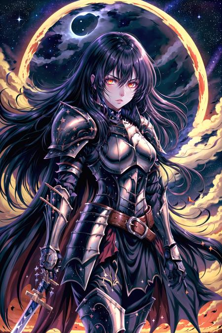 Vampires of Doom,  1girl,  solo,  long hair,  looking at viewer,  black hair,  holding,  standing,  weapon,  sky,  belt,  sword,  cape,  holding weapon,  armor,  orange eyes,  night,  holding sword,  moon,  shoulder armor,  gauntlets,  star (sky),  night sky,  full moon,  starry sky,  pauldrons,  shield,  breastplate,  holding shield, <lora:EMS-51635-EMS:0.800000>