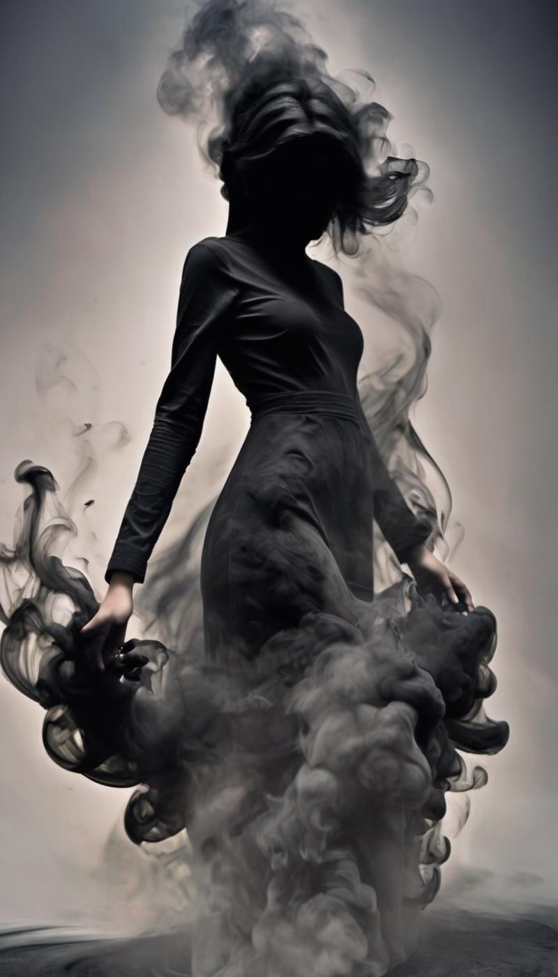 Smoke and Darkness Surround a Woman in a Black Dress