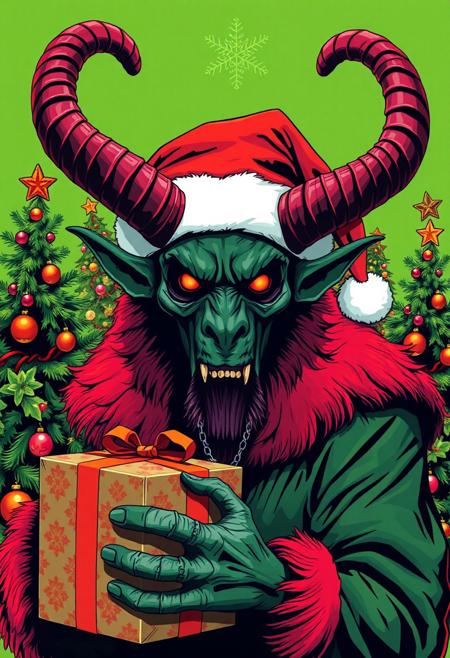 Pop art illustration of scary-looking Krampus wearing a Santa hat and holding Christmas present in front of decorated Christmas trees in the style of Butcher Billy. Looking at viewer. Vibrant Christmas colours including red and green.
