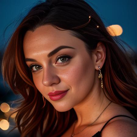 RAW uhd closeup portrait photo of ClioRecinelli walking down a dark alleyway nighttime city background, (red sundress), (cleavage), detailed , highly detailed glossy eyes, (looking at the camera), specular lighting, dslr, ultra quality, sharp focus, tack sharp, dof, film grain, (centered), Fujifilm XT3, crystal clear, center of frame, cute face, sharp focus, street lamp, neon lights, bokeh, (dimly lit), low key, at night, (night sky)<lora:ClioRecinelli:1.0>