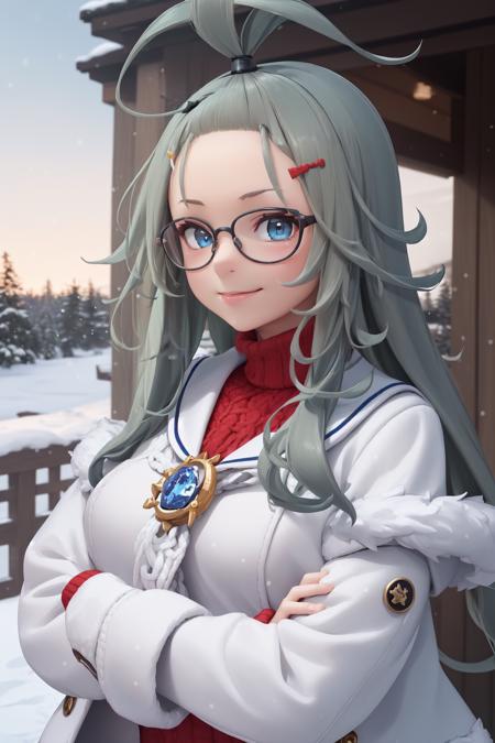 (masterpiece:1.3), (absurdres:1.3), (best quality:1.3), 1girl, looking at viewer, (closed mouth:1.3), smile, outdoors, snow, upper body, crossed arms, <lora:merufi-000005:1>, merufi, glasses, long ahoge, blue eyes, bangs pinned back, fur-trimmed jacket, white sailor collar, white jacket, white sweater,