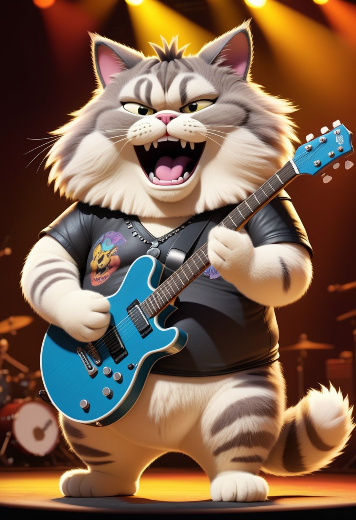 pixar style,  (an animal fat cat as rock singer), playing base guitar, hand drawing,  in the concert, big furry animal tum...