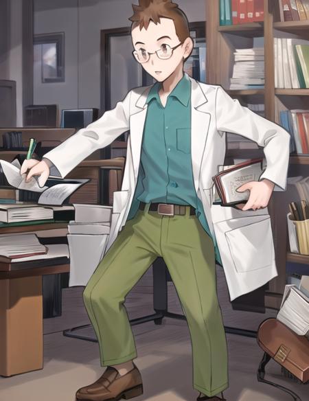 <lora:ProfessorElm-08:0.7> ProfessorElm, solo, shirt, 1boy, holding, standing, full body, male focus, shoes, glasses, belt, pants, indoors, book, brown footwear, blue shirt, paper, labcoat, pen, green pants