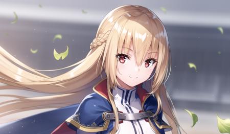 1girl, long hair, solo, hair between eyes, smile, red eyes, floating hair, blurry background, blonde hair, looking at viewer, blurry, upper body, closed mouth, very long hair, bangs, shiny hair, leaf, shiny, capelet, blue cape, <lora:hbr:0.8>