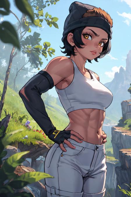 WesternLowlandGorillaManityro, short hair muscular female toned beanie, tank top, white shirt, crop top, detached sleeves, black gloves, fingerless gloves, white pants