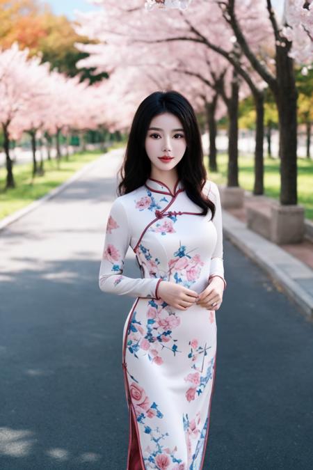 cinematic lighting,((best quality)),ink,a young girl,rose,black hair,curly hair,no shadow,simple background,bright skin,Cherry blossoms,1girls,in autumn,panorama,cheongsam,