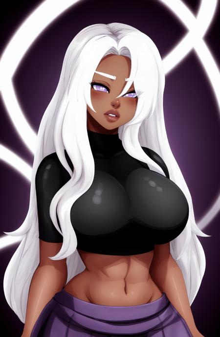 Candy Bandit, Candy Bandit Style, masterpiece, best quality, 1girl, dark skin, long white hair, medium sagging breasts, purple eyes, glowing eyes, crop top, skirt, parted lips, blush, simple purple background, <lora:Candy Bandit-Style [Cont 15]-000007:1>