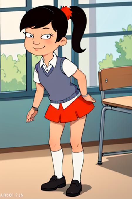 akiko, 1girl, black hair, solo, ponytail, sweater vest, school uniform, orange skirt, socks, shirt, short sleeves, shoes,bracelet