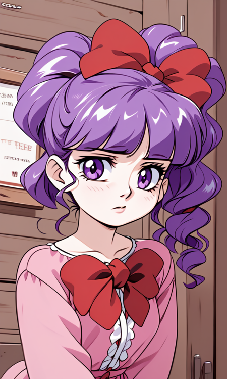 4s4kur4M4n4m1ISS, purple hair, red bow on head, purple eyes, pink dress, red bow on the chest, glasses