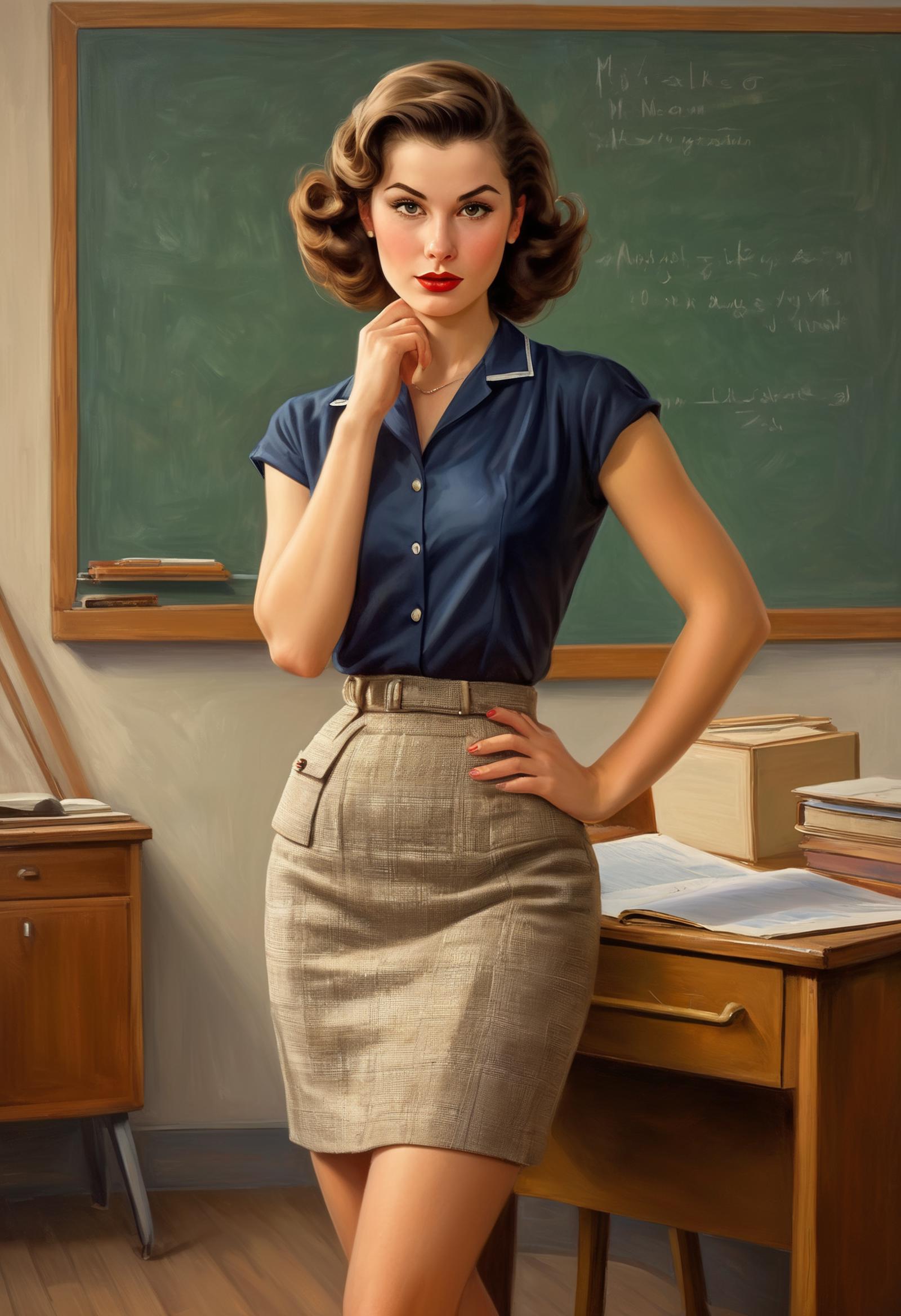 A painting of a woman in a blue shirt and a brown skirt standing in front of a chalkboard.