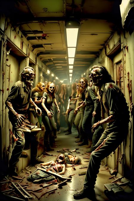 Underground bunker, flickering fluorescent lights, survivors bickering as tension escalates in the claustrophobic space. ,screen cap from George A. Romero's Twilight of the Dead" , twilight_of_the_dead