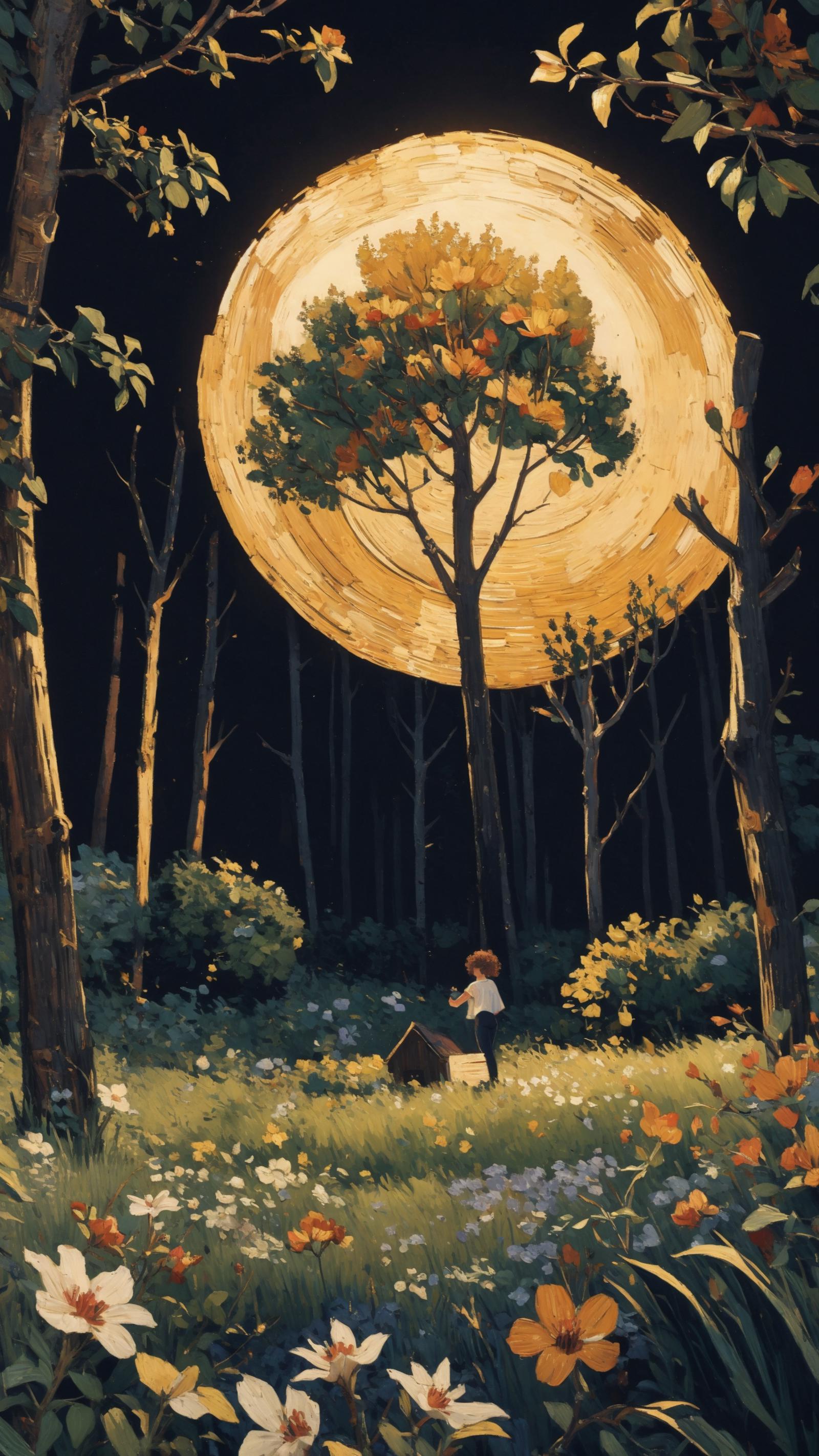 A Child Sitting Under a Tree with a Full Moon in the Background