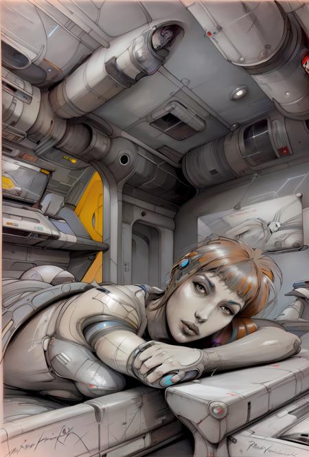 a woman lying on a bed, in a futuristic spaceship room, charcoal <lora:vor_enki.v2.lora:0.75>, touch of vivid color