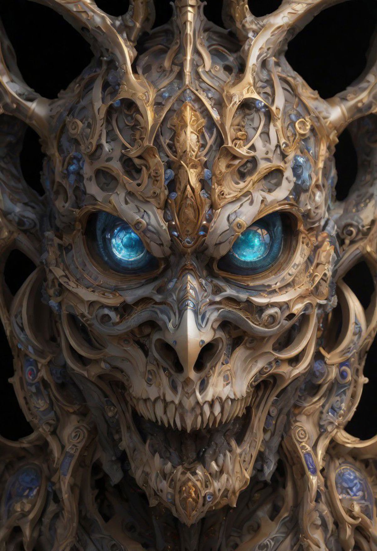 The face of a creepy robot or sculpture with blue eyes, gold accents, and a menacing grin.