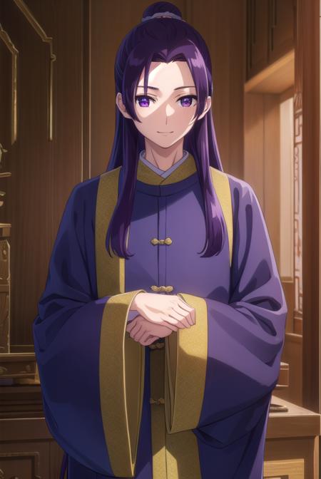 jinshi, long hair, (purple eyes:1.1), purple hair, male focus, hair bun, (parted bangs:1.5), long sleeves, wide sleeves, chinese clothes, robe, hanfu,