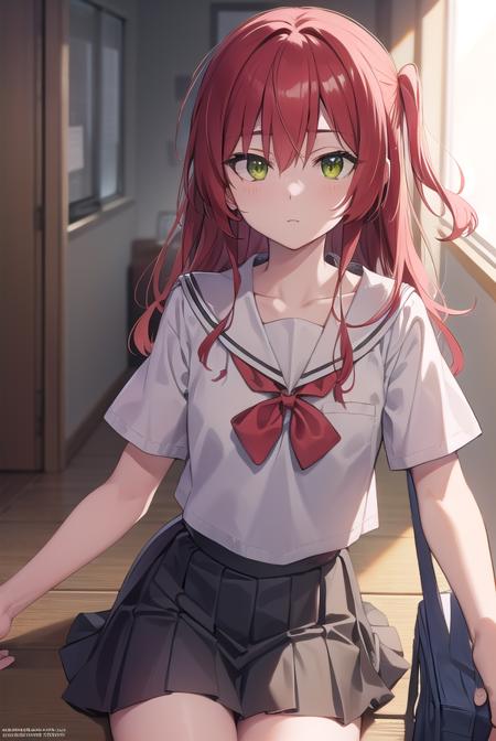 kitaikuyo, <lora:ikuyokitatest:1>, ikuyo kita, (green eyes:1.5), hair between eyes, long hair, one side up, red hair, (flat chest:1.2),
BREAK black footwear, black skirt, grey sailor collar, pleated skirt, sailor collar, school uniform, shoes, short sleeves, shuka high school uniform, skirt,,
BREAK looking at viewer,
BREAK indoors, classroom,
BREAK <lora:GoodHands-vanilla:1>, (masterpiece:1.2), best quality, high resolution, unity 8k wallpaper, (illustration:0.8), (beautiful detailed eyes:1.6), extremely detailed face, perfect lighting, extremely detailed CG, (perfect hands, perfect anatomy),