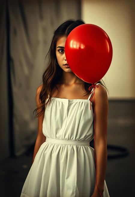 Off-center composition,A extremly fully detailed of a girl in a white dress,
photo copy look like the 1900's old photo "black and white"except the balloon wich is red,bright colours,gritty,stained,brown light and shadows,highly detailed high budget, bokeh, cinemascope, moody, epic, gorgeous, Hyperrealistic 24k uhd, BUZZZ