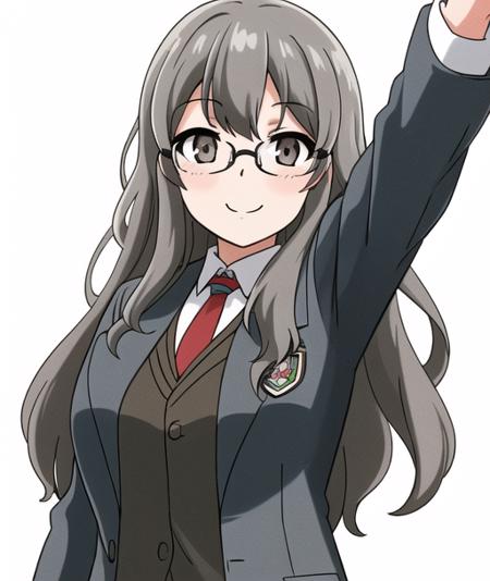 <lora:futaba:0.5>,futaba rio,glasses,(gray hair),very detailed ,highres,(masterpiece_1.0),(best quality_1.0),perspective from front,(upper body),school uniform,smiling, ((white background))