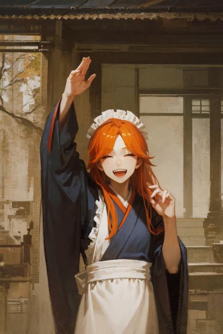 masterpiece, best quality, extremely detailed, detailed background, detailed face, parted bangs, male focus, solo, orange hair, 1boy, closed eyes, japanese clothes, apron, kimono, holding, bridge, long hair, smile, maid headdress, open mouth, wide sleeves, tree, outdoors, upper body, arm up, green kimono, day, east asian architecture, checkered clothes, teeth, long sleeves, facing viewer, architecture, white apron, maid apron, dappled sunlight