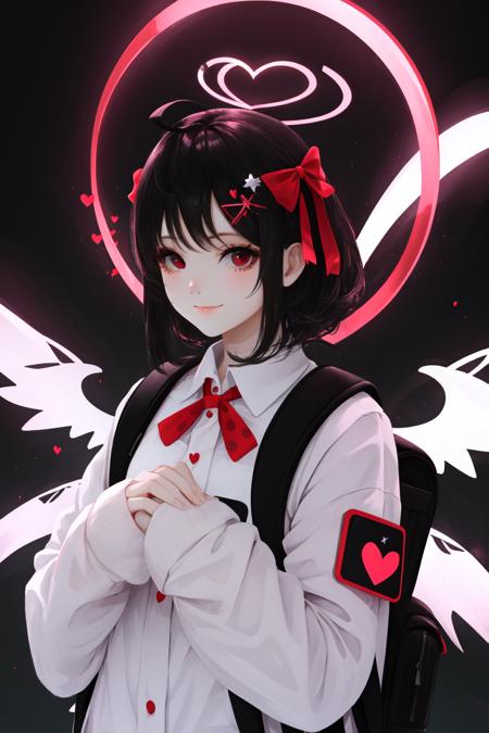 skistyle, 1girl, solo, halo, red eyes, wings, heart, looking at viewer, black hair, ahoge, bangs, hair ornament, closed mouth, sleeves past wrists, smile, long sleeves, black background, upper body, angel, ribbon, sleeves past fingers, hair ribbon, mini wings, backpack, polka dot