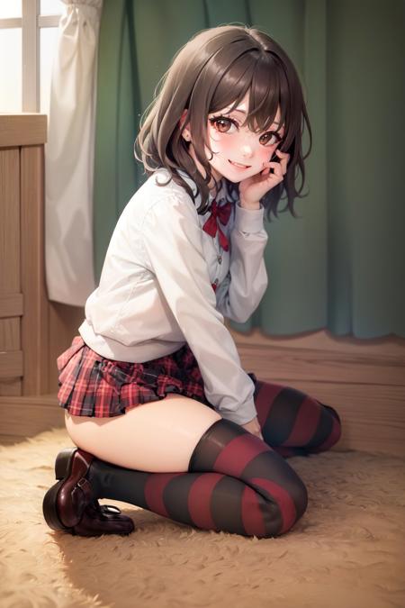 (masterpiece, best quality:1.2), <lyco:attire_stripedthighhighs_redblk-09:1.0>, solo, 1girl, smile, looking at viewer, wariza, hand on own face, long sleeves, skirt, striped thighhighs, loafers