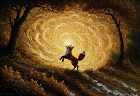 A masterful oil painting in the heroic, beautiful style of Boris Vallejo, but filled with whimsy. In a moonlit clearing, a fox stands joyfully on its hind legs in a dancing pose. It is surrounded by a magical, swirling vortex of autumn leaves, which glow with a warm, inner light. This abstract, painterly vortex is the main light source, creating a beautiful chiaroscuro and casting soft, Aivazovsky-style volumetric rays. Each leaf is a single, thick daub of impasto paint. The atmosphere is pure enchantment, joyful, and deeply magical.