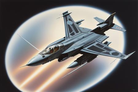 john berkey style , 1960s retrofuturism, needle shaped jet fighter , shiny metallic