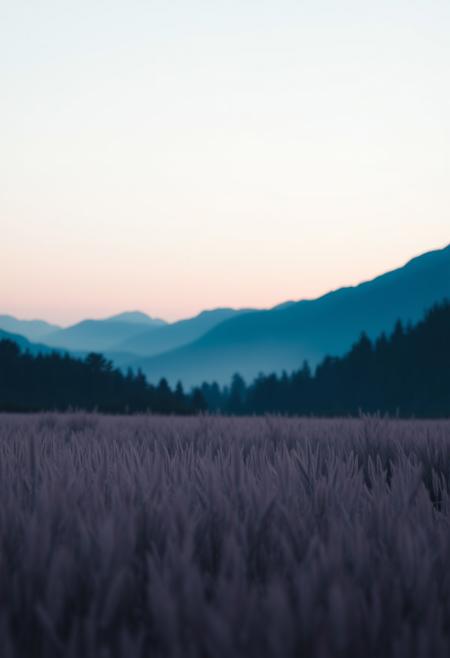 A tranquil landscape featuring a gradient sky transitioning from pale blue at the top to soft pink near the horizon. In the foreground, a field of tall grass exhibits hues of muted pink and purple. Rolling mountains rise in the background, shaded in soft blues and grays, while dense evergreen trees border the scene, creating a peaceful, serene atmosphere at dusk. highly detailed and hyper realistic photo, by Alena Aenami , by Archibald Thorburn , by Daniele Afferni , in the style of  monochromatic silhouette reflection,  limited dark palette, unusual dark colors, faded colors, atmospheric haze, highly dramatic cinematic lighting, motion blur, film grain,  professional, excellent composition, finest details, maximized details, ultimate detail level, masterpiece, best quality