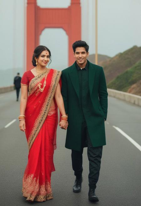 Cinematic composition. 35mm camera, Sharp image, Very detailed face.  Create a highly realistic full body portrait of a young couple, slight smile,  camera focused around 24 years old couple. The image should be detailed and lifelike, making it challenging to discern whether it's a real photograph or a digital creation. Focus on achieving realism in facial features, skin texture, and hair, and ensure the lighting contributes to the overall authentic appearance. San Francisco golden gate bridge in background on left side dominating  the photo. couples on right side. Boy in black coat. Girl in red saree. green and gold filter. Bridge on left side. Couple on right side. romatic photo