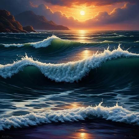 Stormy Seas at Dusk
Style Fusion: Robert Cottingham, Rob Hefferan, Ivan Fedorovich Choultsé
Description: Imagine a dramatic seascape where turbulent waves crash against the shore, their energy palpable under a dusky sky. This powerful scene intertwines Robert Cottingham's keen focus on light, illuminating the frothy crests and casting reflections on the churning waters. Rob Hefferan’s meticulous attention to the intricate patterns of the waves enhances the dynamic movement, capturing the raw power of nature in motion. Complementing this, Ivan Fedorovich Choultsé’s atmospheric skies, filled with deep blues and purples, create a moody backdrop that intensifies the drama of the moment. Together, these elements evoke a sense of awe and respect for the untamed beauty of the sea at twilight.
midjourneyv6.1, detailmaximizer, aidmaMJ6.1, flux-style