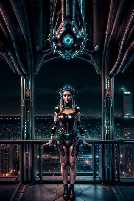 A feminine humanoid AI with expressive eyes gazes at a futuristic city skyline from a high balcony. The city below is alive with glowing vehicles, towering skyscrapers, and interactive billboards. A soft wind moves through her minimalistic attire